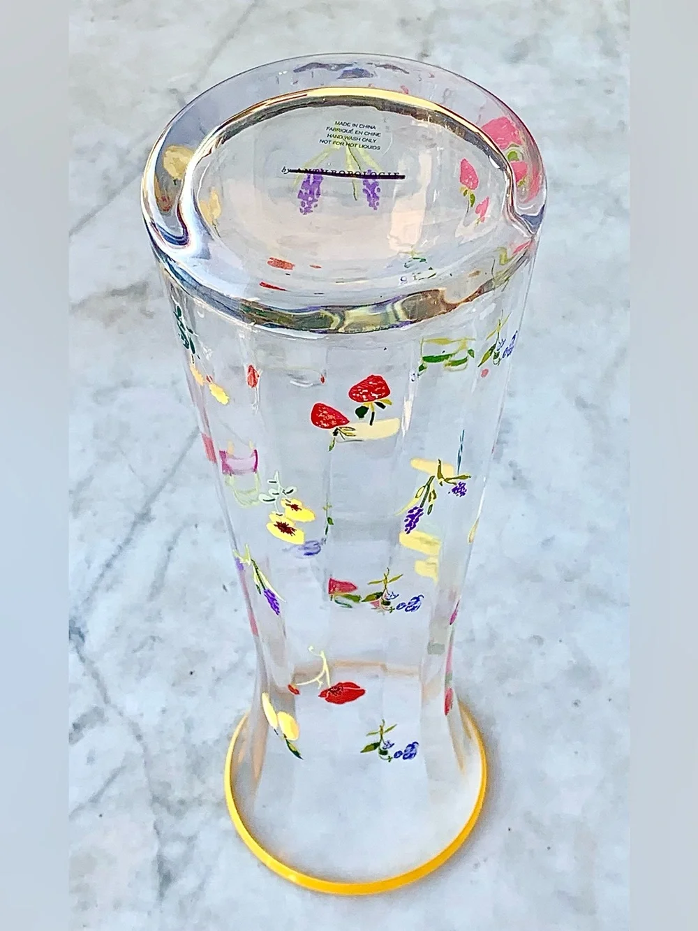 ANTHROPOLOGIE CORDELIA PITCHER CLEAR Glass Vase Yellow Rim and Floral Fruit NEW